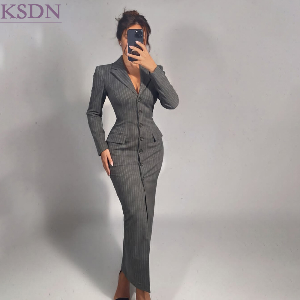 Formal Skirt - Gri İnce Çizgili Kadın Blazer Etek