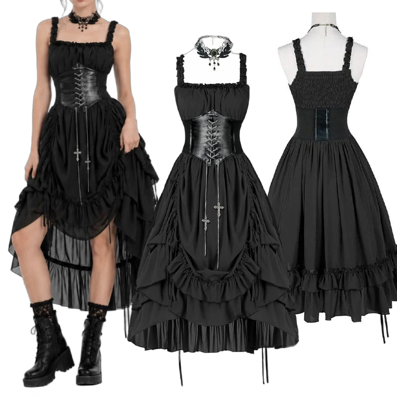 Midi Dress - Kadın Gotik Elbise Korse Kayma Siyah