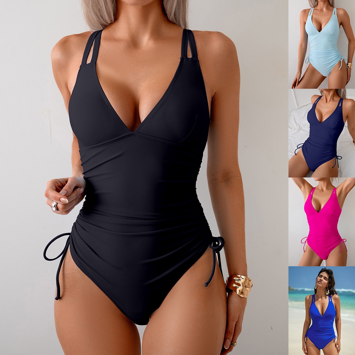 Düz Siyah Mayo V Yaka Büzgülü  - Womens Suit incelemesi ve fiyatı